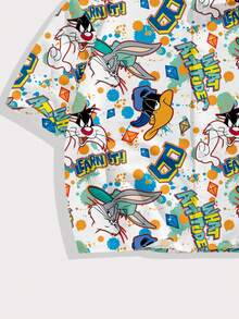 LOONEY TUNES X SHEIN FROVYX Men's Letter Cartoon Print Short Sleeve Single-Breasted Cropped Shirt Vacation White Summer Streetwear - Multicolor - View 5