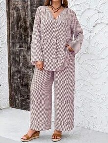 EMERY ROSE Plus Size Women's Autumn Plaid Print Long Sleeve Shirt And Pants 2 Pieces Set Fall - Multicolor - View 6