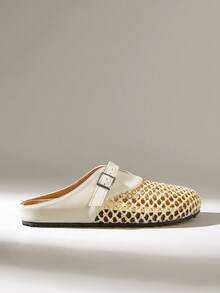 Solecia Spring And Summer New Woven Mat Mesh, Splicing With Decoration, Round Toe Design, Slip-On Heel, Comfortable And Simple Vacation, Women's Flats, A Must For Commuting, Casual And Versatile - apricot leather - View 2