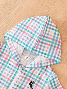 SHEIN Elladie kids 女童清新彩色小格紋連帽拉鍊夾克，時尚馬術圖標，適合兒童日常休閒運動戶外可愛穿搭 - 藍色 - 查看 12