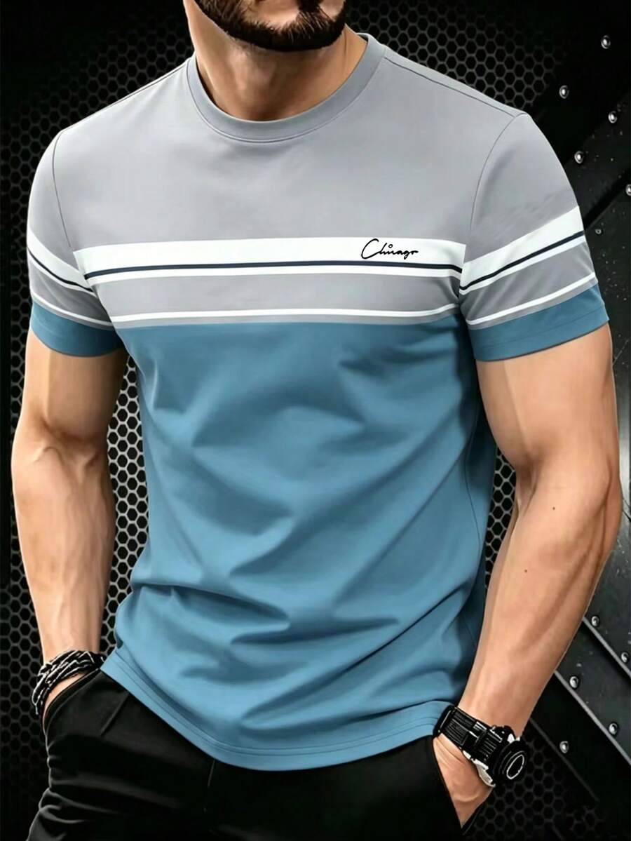 NEOREFINED Men's Casual Retro Striped Contrast Color Chicago Graphic T-Shirt - Multicolor - View 1