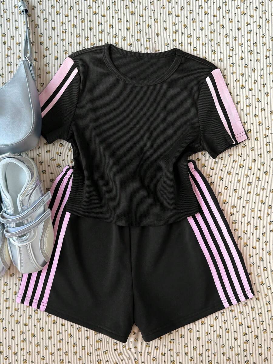 SHEIN 青少年女孩休閒對比黑健身夏季T恤套裝 - 黑色 - 查看 1