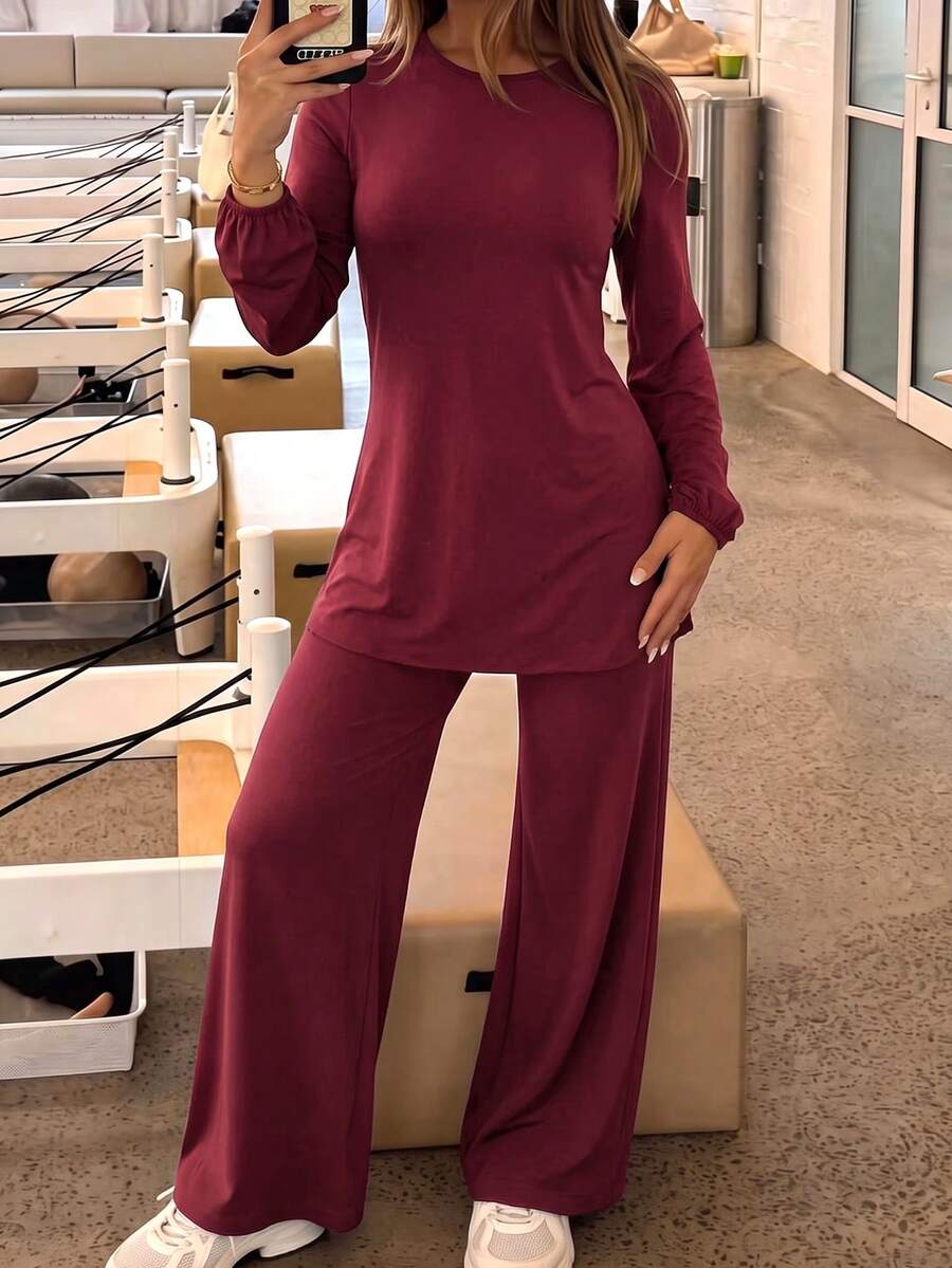 SHEIN With My Calm Arab Full Coverage Sports Wear 2 Pieces Loose Active Set - Burgundy - View 1