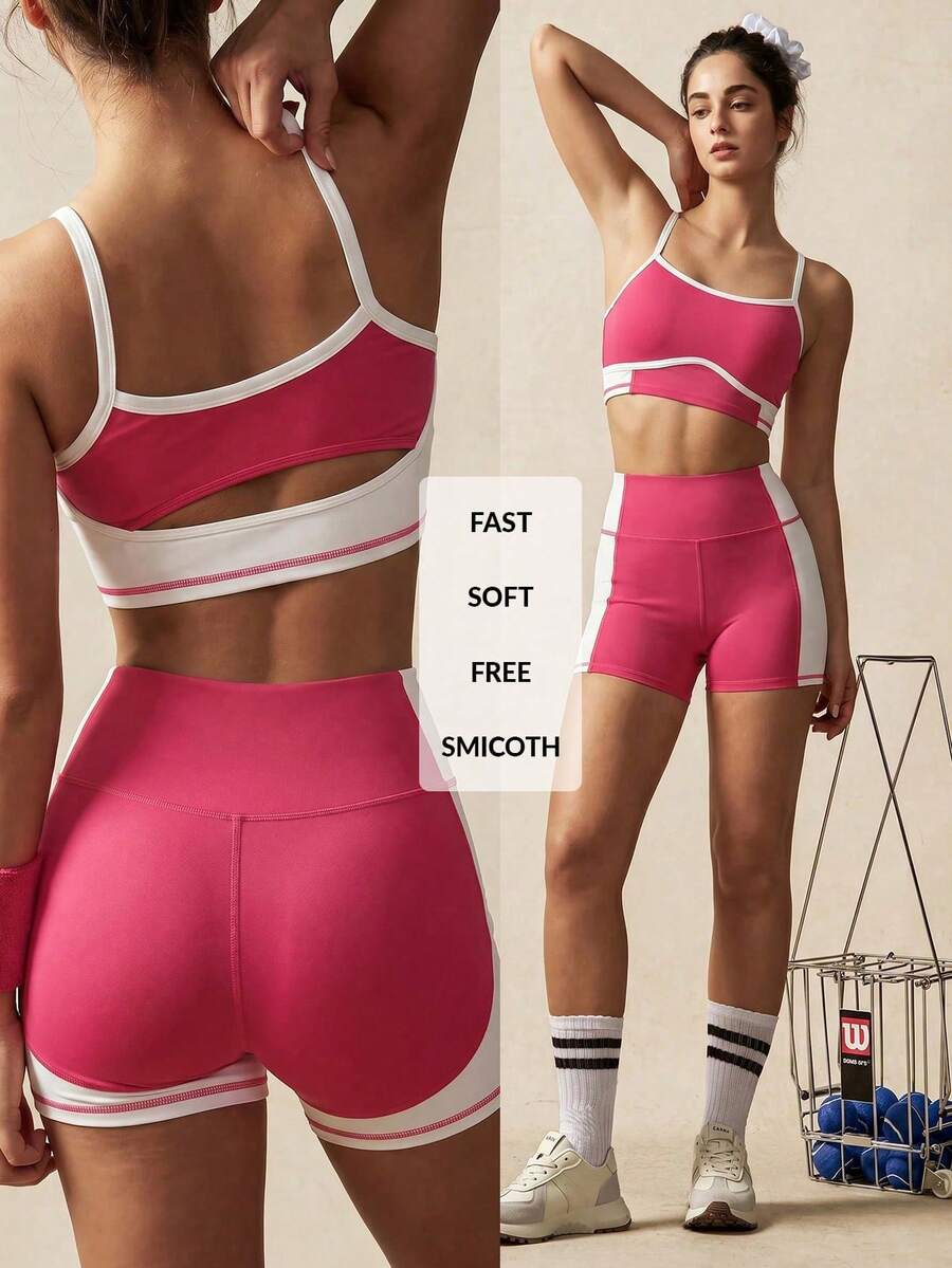 VARSIVA Black And White Contrasting Patchwork Strips Hollow High Waist Women Sports Sets - Hot Pink - View 1