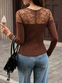 Elyressa Elegant Solid Color Lace Patchwork Tie-Front T-Shirt - Brown - View 2