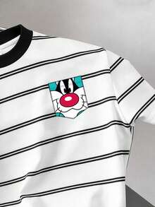 LOONEY TUNES X SHEIN Manfinity Joysei 男士休閒極簡條紋趣味卡通T恤 - 白色 - 查看 2