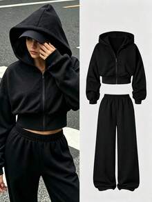 两件套少女灰色碎花连帽拉链开衫，宽松版型，罗纹腰身，搭配同款宽松舒适运动裤，休闲运动学院风套装，适合户外、室内、运动、聚会、上学、春秋冬三季穿着。 - 黑色 - 查看 1