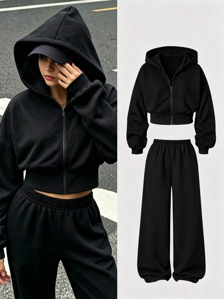 两件套少女灰色碎花连帽拉链开衫,宽松版型,罗纹腰身,搭配同款宽松舒适运动裤,休闲运动学院风套装,适合户外、室内、运动、聚会、上学、春秋冬三季穿着。 - 黑色 - 查看 1