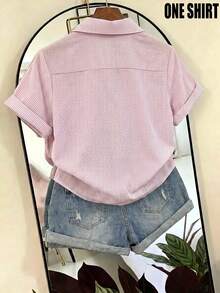 SHEIN Franclia 女款條紋泡泡皺褶布料短袖襯衫，適合度假、通勤與社交場合 - 粉色 - 查看 2