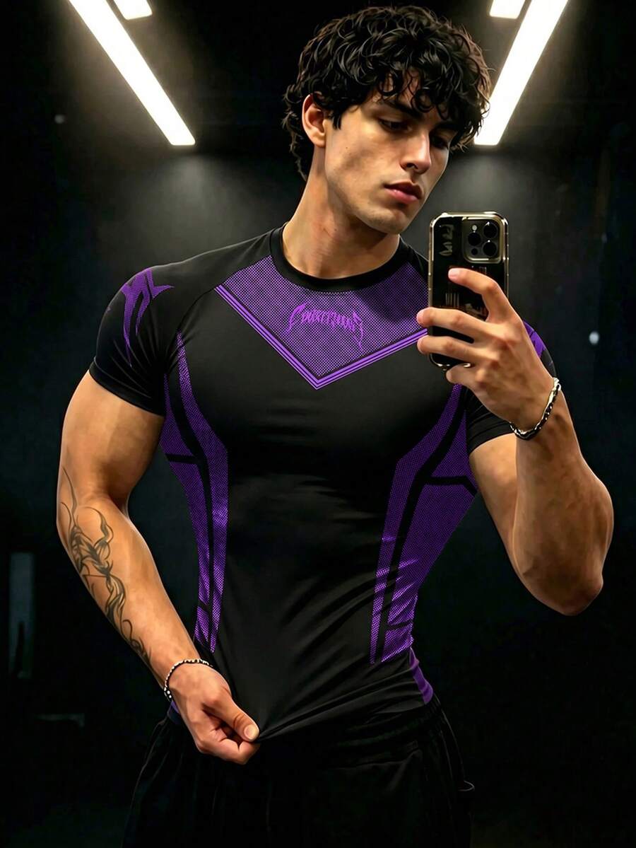 GymBeat Camiseta deportiva de manga corta con bloques de color y patchwork, corte slim para hombre - Multicolor - Ver 1