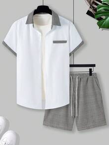 Manfinity Homme 男士拼接千鳥格短袖襯衫與短褲套裝，黑白格紋，夏季休閒修身穿搭，適合城市旅行、夏威夷、正式場合 - 彩色 - 查看 3