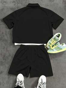 Manfinity EMRG Men's Colorblock Patchwork Letter Print Short Shirt And Shorts Set - Multicolor - View 2