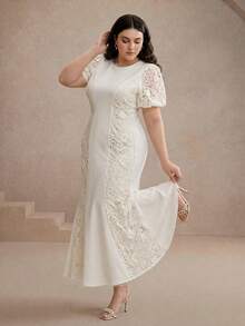 Anewsta Spring/Summer New Round Neck Puff Short Sleeve Woven Fabric Colorblock Water-Soluble Lace 3D Applique Elegant Mermaid Hem Plus Size Long Dress For Women - Apricot - View 7