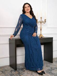 Modelyn Plus Size Elegant Party Solid Color Lace Dress - Blue - View 5