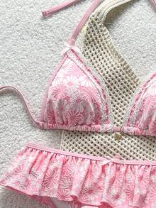 Swim Mod Women's Summer Beach Vacation Sweet And Cute Pink Floral-Textured Ruffled Bikini Set ,Two-Piece Swimsuit With Ribbon Bows - Pink - View 7