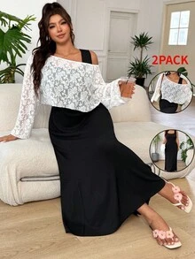 SHEIN EZwear 休閒優雅大尺碼女款蕾絲不對稱肩長袖上衣與背心洋裝兩件套 正式早午餐婚禮賓客穿搭 白色黑色 秋季 - 黑色 - 查看 4