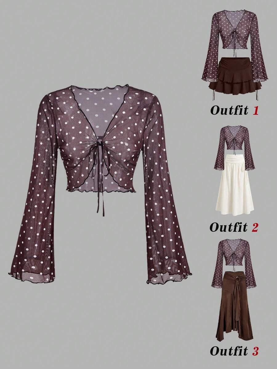 SHEIN MOD 女款波點印花喇叭袖短版上衣 - 黑色 - 查看 1