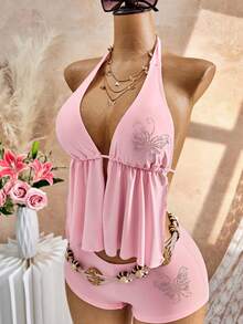 Bellisia 26SS Primavera/Verano Traje de baño Tankini con pedrería y estampado floral negro para vacaciones en la playa (Top & Bottom) - Rosa Pálido - Ver 4