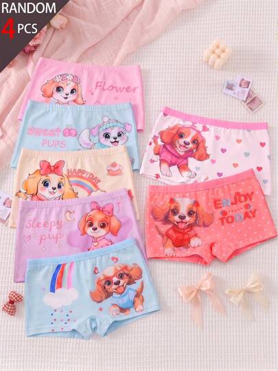 4pcs/Set Celana Dalam Anak Perempuan Seri Anjing Lucu, Menampilkan Gambar Kartun Anjing dengan Motif Bunga, Kupu-kupu, Stroberi, Ceri, Pelangi, Kue, Bulan, dan Motif Kartun Lainnya, Warna Termasuk Merah Muda, Biru Muda, Ungu, dan Krem. Kain Ramah Kulit, Cocok untuk Pakaian Kasual Sehari-hari. Celana Dalam Multi-Motif Cocok untuk Semua Musim
