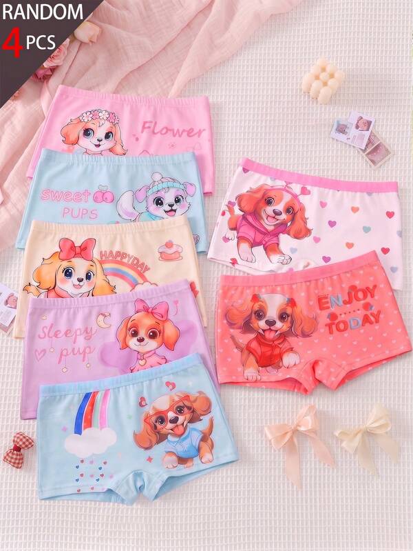 4pcs/Set Celana Dalam Anak Perempuan Seri Anjing Lucu, Menampilkan Gambar Kartun Anjing dengan Motif Bunga, Kupu-kupu, Stroberi, Ceri, Pelangi, Kue, Bulan, dan Motif Kartun Lainnya, Warna Termasuk Merah Muda, Biru Muda, Ungu, dan Krem. Kain Ramah Kulit, Cocok untuk Pakaian Kasual Sehari-hari. Celana Dalam Multi-Motif Cocok untuk Semua Musim