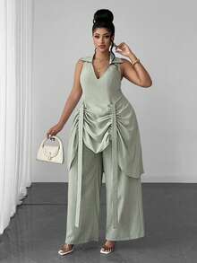 Maweii Plus Size Solid Color Ruched Top And Pants 2 Pieces Set - Green - View 1