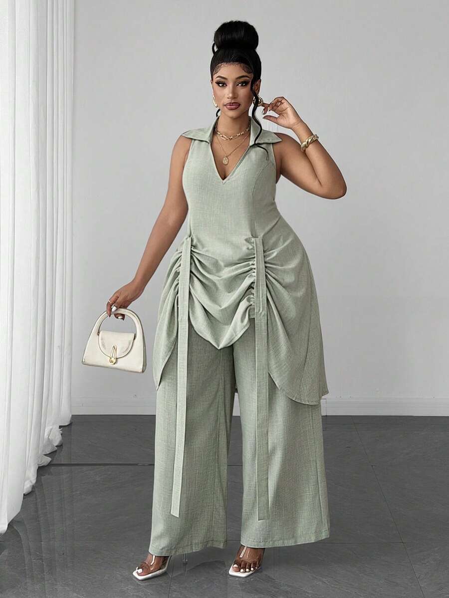Maweii Plus Size Solid Color Ruched Top And Pants 2 Pieces Set - Green - View 1