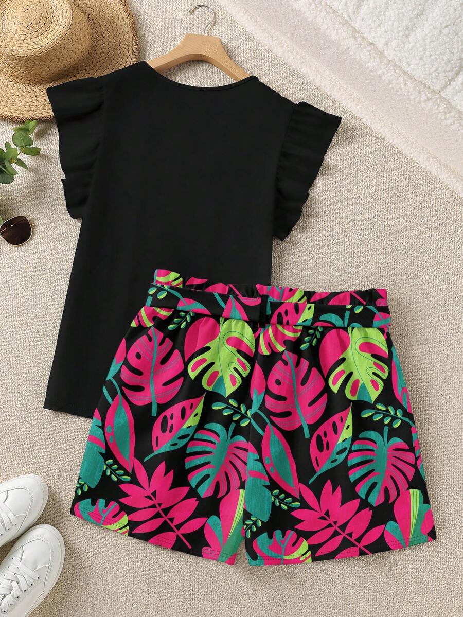 EMERY ROSE Elegant Solid Color Ruffle Top And Printed Shorts 2 Pieces Set, Summer - Multicolor - View 1