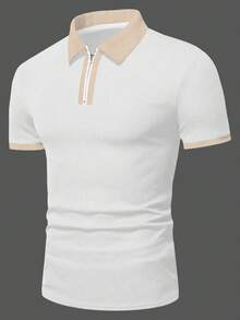 Manfinity Homme 男士對比色拉鍊設計短袖休閒 Polo 衫 - 白色 - 查看 4