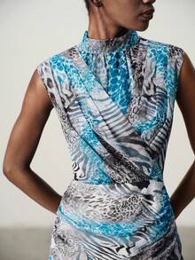 Aveloria Modichic Summer All White Colorblock Animal Print Zebra Leopard Python Sheer Chiffon Pleated Cowl Neck Bodycon Sleeveless Mini Dress Sexy Night Out Club - Multicolor - View 1