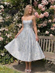 SHEIN Vintage 3D Floral Embossed Print Sleeveless A-Line Dress, Women's Holiday Dress, Women's Vacation Dress, Women's Party Dress, Elegant Vintage Women's Dress. Luxury Banquet Party Tea Dress, French Backless Hollow Elegant Princess Dress, Sexy Elegant Summer Women's Dress, Birthday Mid-Length Wedding Guest Dress, Mid-Length Elegant Bridal Dress, - Blue - View 4