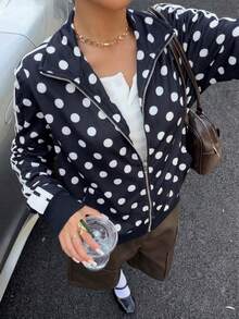 Muchica Black And White Polka Dot Floral Applique Trim Women's Lightweight Jacket Everyday Autumn Streetwear - Navy Blue - View 9