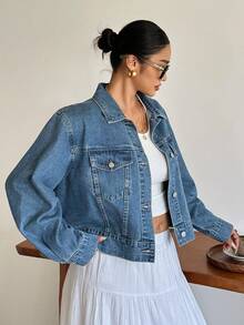 Dazy Plus Vintage Denim Washed Turn Collar Loose Long Sleeve Denim Jacket Short Denim Coat Spring Autumn - Medium Wash - View 5
