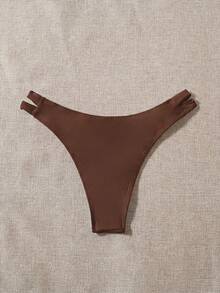 Swim Basics 女款夏季海灘純色腰部鏤空比基尼泳褲 - 棕色 - 查看 2