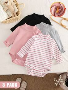 SHEIN Vintaside Kids 嬰兒幼兒秋冬半高領內搭套裝，寶寶內著/外著長袖黑色、粉色、灰色、條紋內衣與上衣4件套，柔軟親膚四季百搭款 - 彩色 - 查看 4