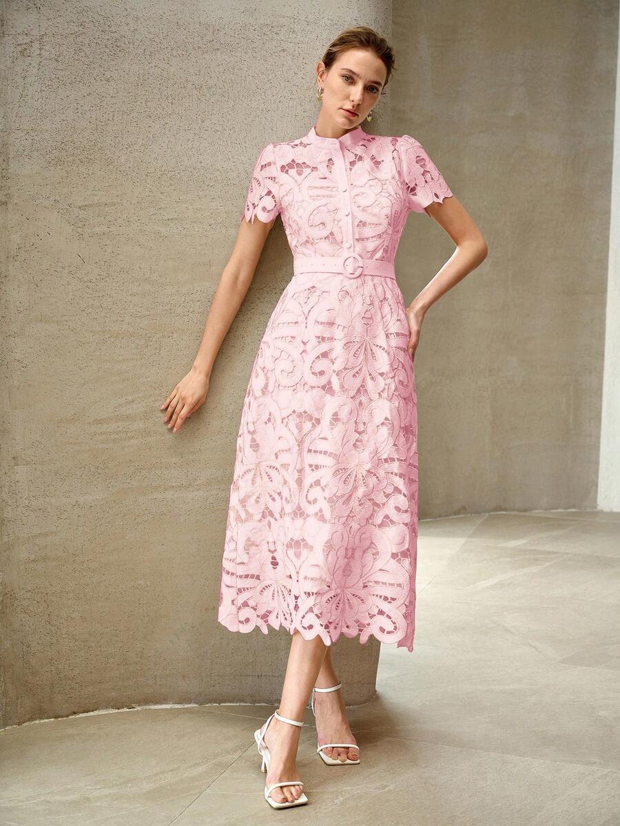 MOTF PREMIUM WOMEN'S ELEGANT FASHION EMBROIDERED HOLLOW WAIST BELT DRESS - Pink - View 1