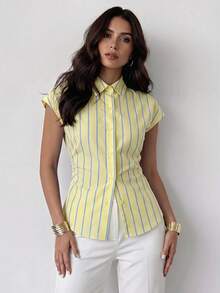 Firerie Women's Blue And Yellow Striped Cap Sleeve Blouse Side Ruched Back Tie Waist Top Teacher Commuter Business Cinched Design Casual Teachers' Day Summer - Light Yellow - View 7