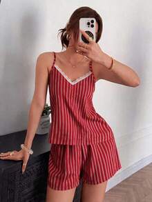 Napfluff Lace Trim Color Block Striped Camisole And Shorts Pajama Set - Red - View 4