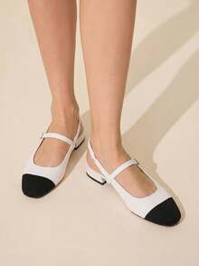 CUCCOO BASICS Women's Mary Jane Flat Shoes With Ribbon Strap, Comfortable Square Toe - White Black - View 7