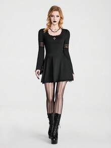Breakform Halloween  Gothic Retro Sexy Dark-Style Short Dress: Black Stretch Fit With Lace Paneling - Black - View 1
