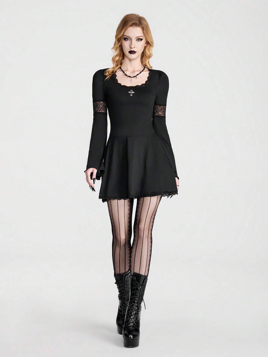 Breakform Halloween Gothic Retro Sexy Dark-Style Short Dress: Black Stretch Fit With Lace Paneling - Black - View 1