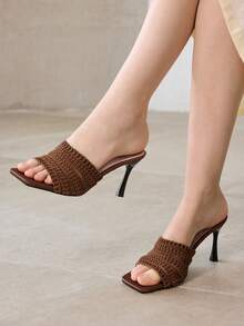 MOTF NEW COFFEE BROWN THIN HEEL SQUARE TOE WOVEN SURFACE FASHIONABLE VERSATILE WOMEN'S HIGH HEEL SANDALS SUMMER - Coffee Brown - View 1