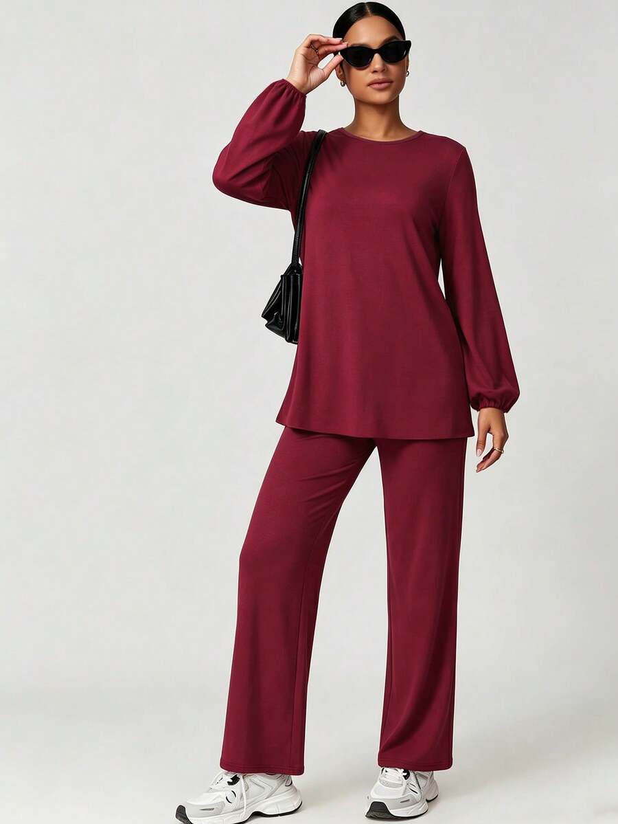 SHEIN With My Calm Arab Full Coverage Sports Wear 2 Pieces Loose Active Set - Burgundy - View 1