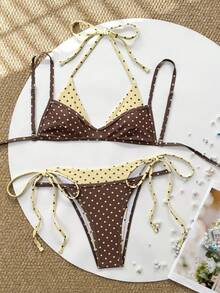 Swim Vcay 2件/套 女款夏季海灘套裝，多色隨機印花肩帶上衣 & 比基尼泳褲，2合1泳裝套裝 - 彩色 - 查看 3