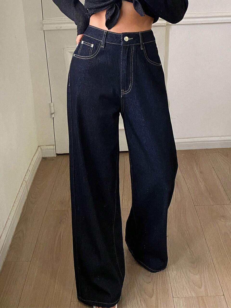 Solid Color Straight Leg Casual Jeans For Women, Spring/Autumn