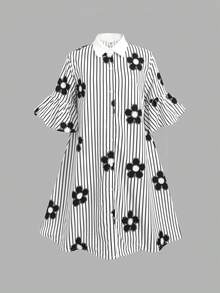 SHEIN 兒童青少年女孩拼色領襯衫洋裝，拼接喇叭下擺，寬鬆 A 字版型，黑白條紋花卉印花，休閒學院風通勤返校穿搭 - 黑與白 - 查看 5