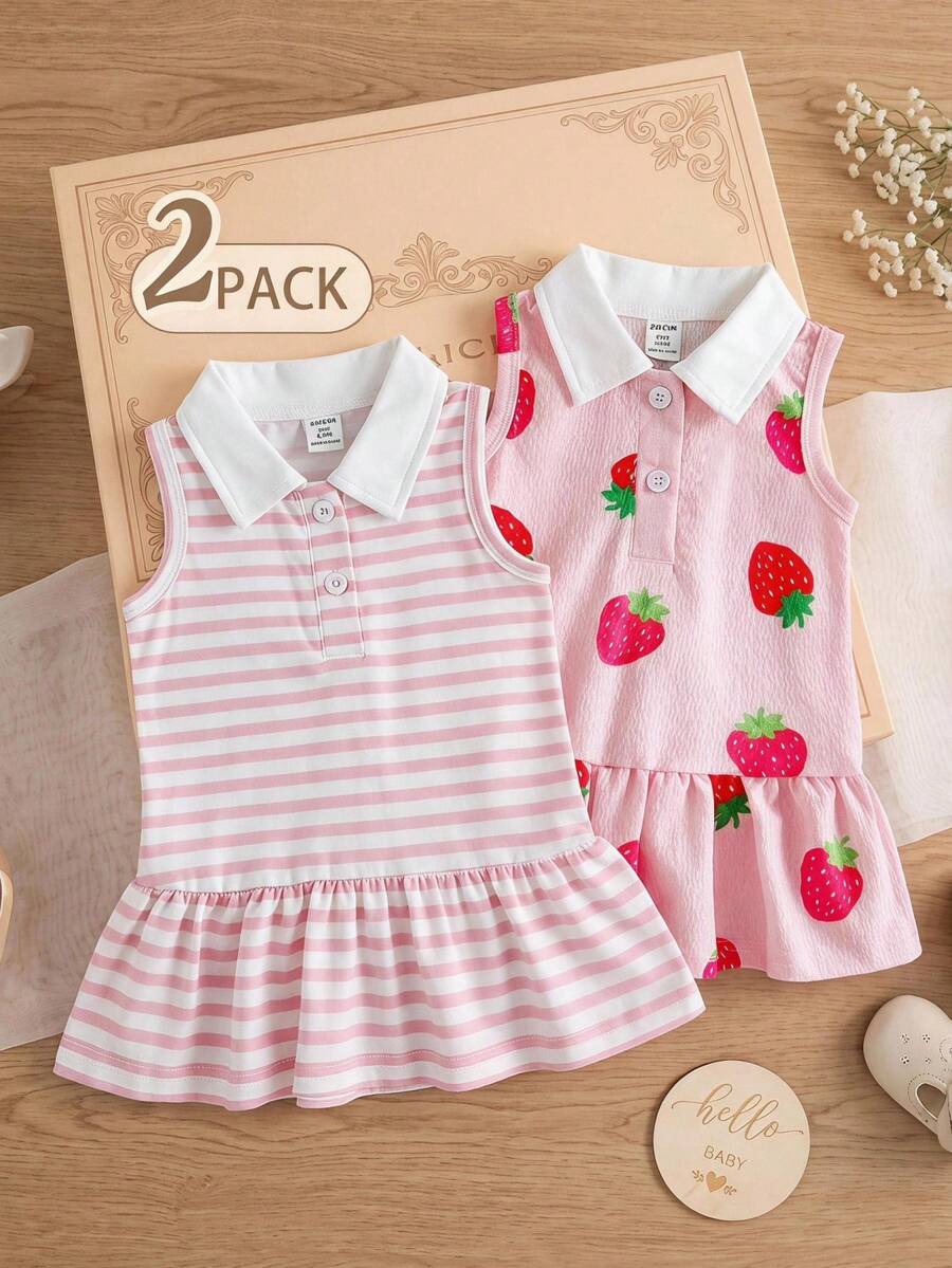SHEIN Vintaside Kids 两件套女婴翻领无袖连衣裙，荷叶边下摆，粉色条纹领，草莓印花，休闲可爱夏日连衣裙，适合日常穿着或度假