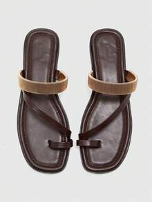 CUCCOO BIZCHIC Minimalist Dark Brown Leather Metal Spring Coil Toe Flats, Women's Elegant Casual Open-Toed Sandals - Mocha Brown - View 1