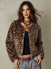 Franclia Women's Regular Leopard Print Jacket, Warm For Autumn/Winter - Multicolor - View 1
