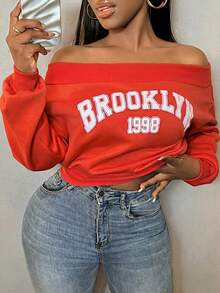 SHEIN SXY 字母圖案露肩時尚衛衣，秋冬長袖上衣 - 橘色 - 查看 4
