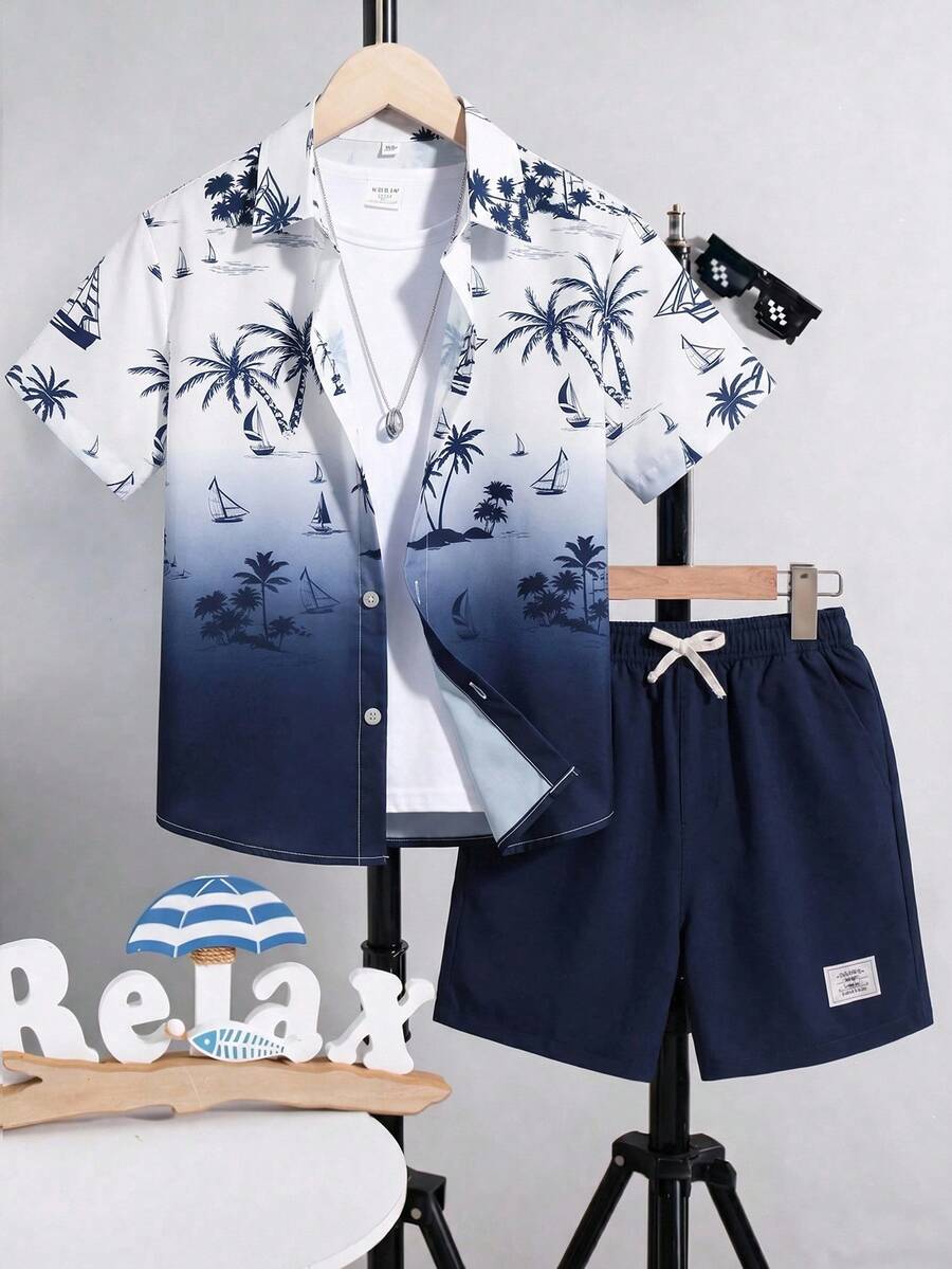 SHEIN 2件組男童襯衫短褲套裝,海灘椰子樹印花藍色漸層翻領短袖休閒襯衫,簡約運動短褲,海邊度假日常休閒,夏季新款 - 藏蓝色 - 查看 1